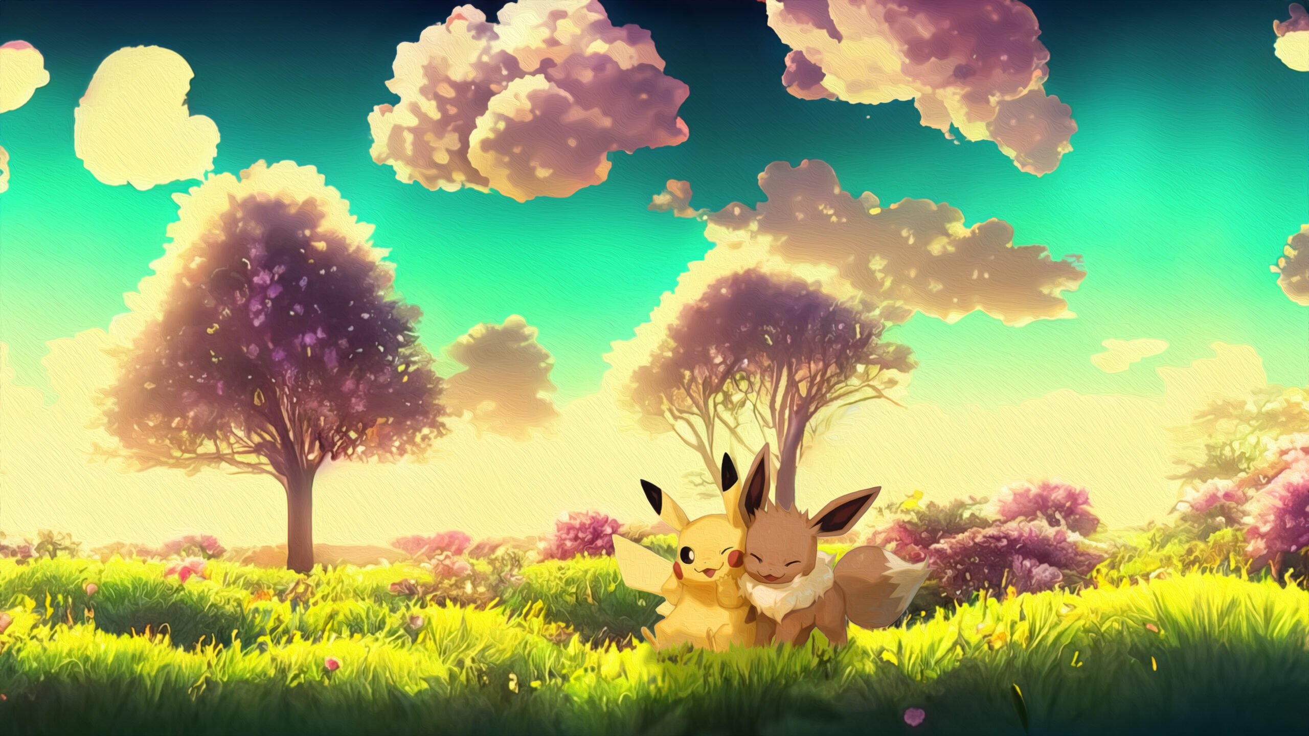 Pikachu et Évoli en plein câlin – fond d’écran Pokémon en 4K pour mobile et ordinateur