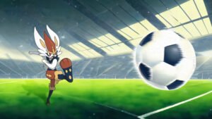 Rejoignez Pyrobut sur le terrain de foot : téléchargez ce fond d'écran gratuitement ! Pyrobut joue au foot – fond d’écran Pokémon en 4K pour mobile et ordinateur