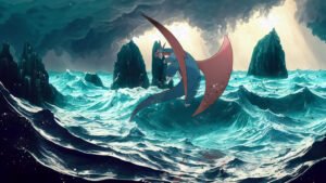 Salamence Against the Storm: Dive into Adventure with this Exclusive 4K Wallpaper! Drattak et l'océan – fond d’écran Pokémon en 4K pour mobile et ordinateur